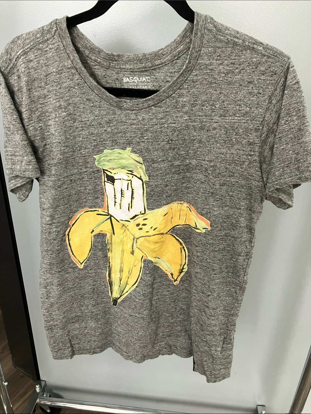 Basquiat Eleven Paris Gray Graphic Tee with Yellow Banana Art